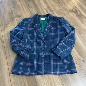 Pendleton Vintage Wool Plaid Blazer Jacket Women Size 12 Purple Teal Green Lined